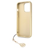 Coque iPhone 13 Pro Max - Guess toile similicuir monogramme logo métallique doré avec pendentif charm - Brun / or