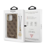 Coque iPhone 13 Pro Max - Guess toile similicuir monogramme logo métallique doré avec pendentif charm - Brun / or