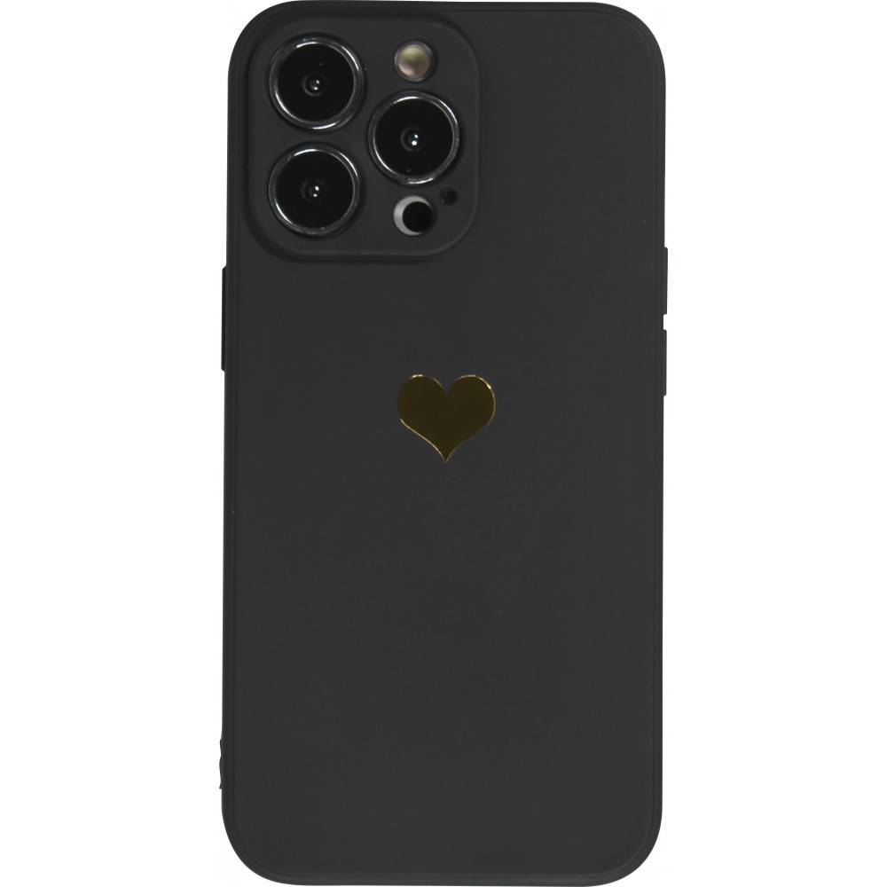 Coque iPhone 16 Pro - Silicone Mat Coeur doré - Noir