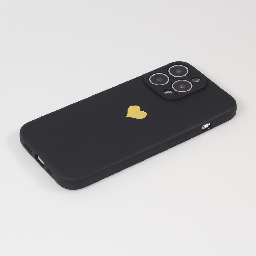 Coque iPhone 16 Pro - Silicone Mat Coeur doré - Noir