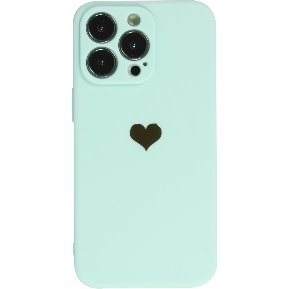 Coque iPhone 16 Pro - Silicone Mat Coeur doré - Turquoise
