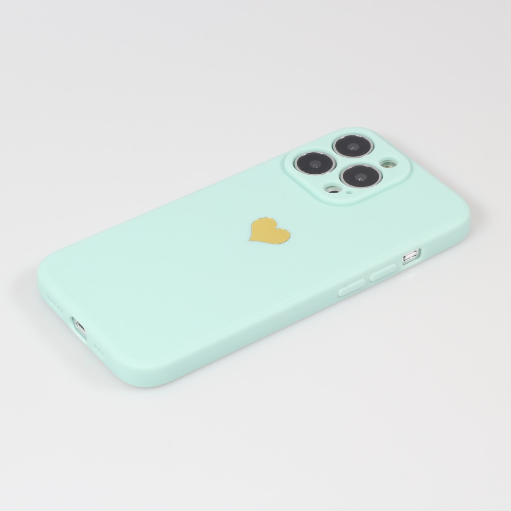 Coque iPhone 16 Pro - Silicone Mat Coeur doré - Turquoise