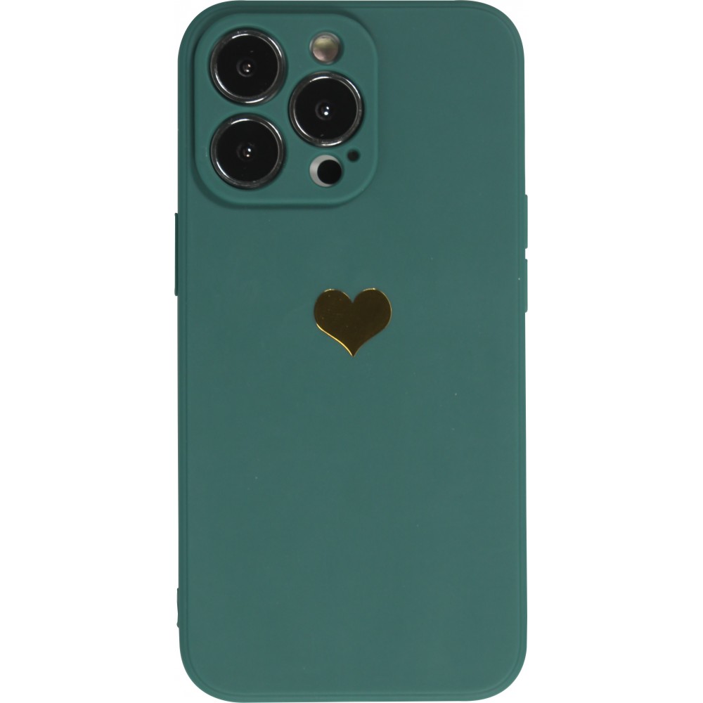 Coque iPhone 16 Pro - Silicone Mat Coeur doré - Vert foncé