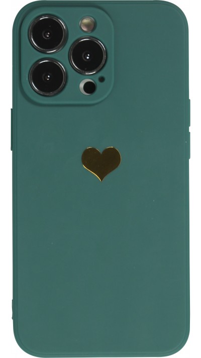 Coque iPhone 15 Pro - Silicone Mat Coeur doré - Vert foncé