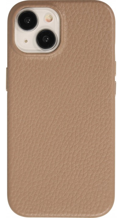 Coque iPhone 15 - Cuir de veau luxe grain&eacute; int&eacute;gral avec boutons m&eacute;talliques et MagSafe - Beige