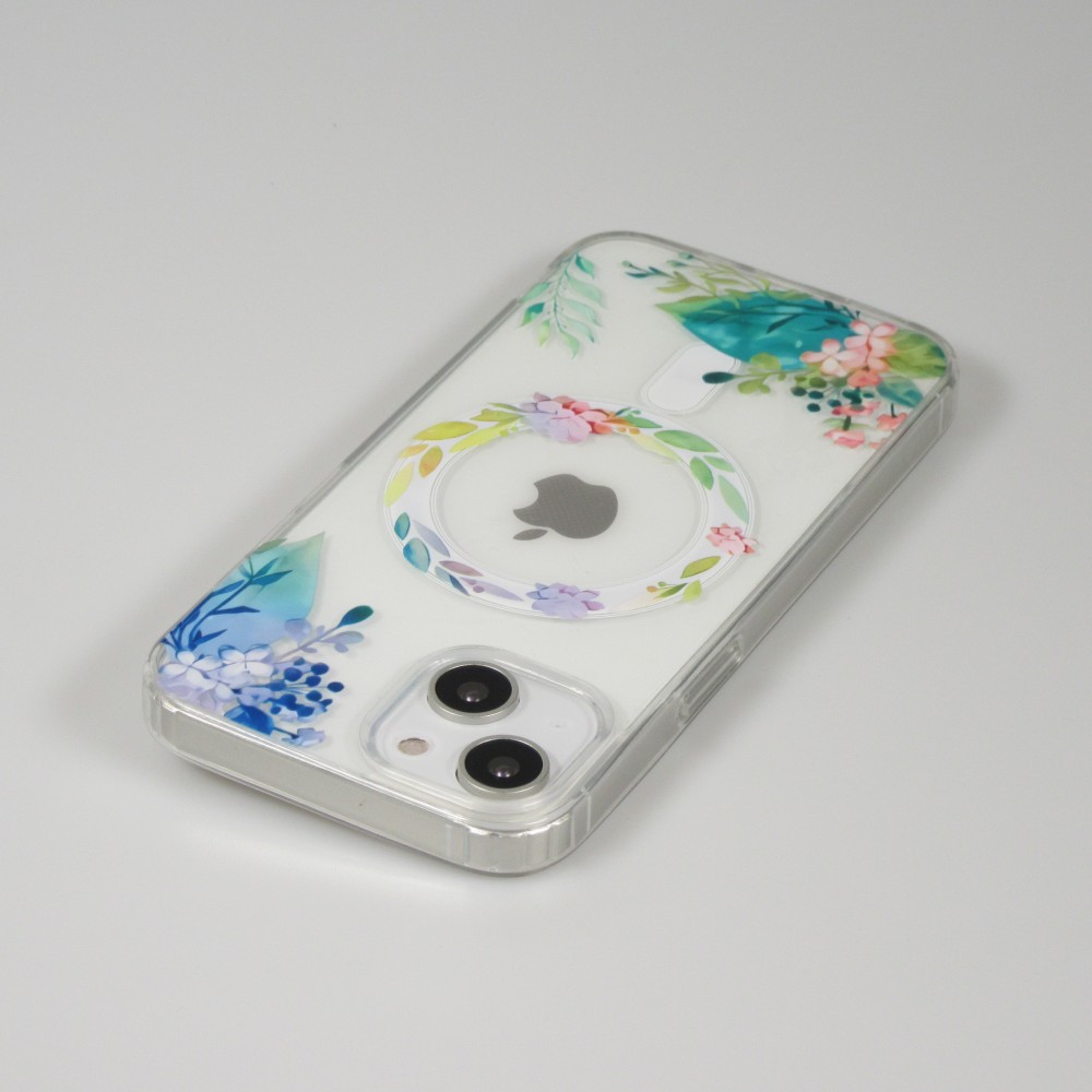 Coque iPhone 15 Plus - Gel silicone rigide avec MagSafe fleurs de printemps - Transparent