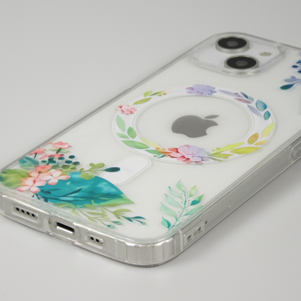 Coque iPhone 15 Plus - Gel silicone rigide avec MagSafe fleurs de printemps - Transparent