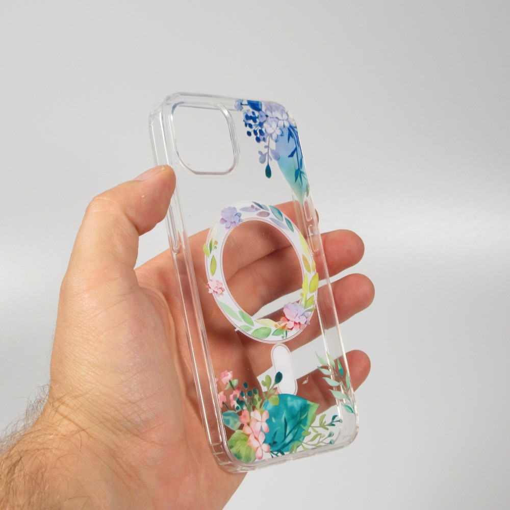 Coque iPhone 15 Plus - Gel silicone rigide avec MagSafe fleurs de printemps - Transparent