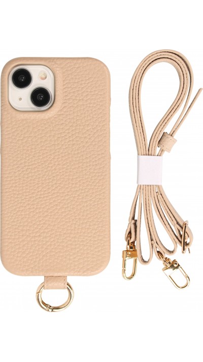 Coque iPhone 15 - Premium cuir v&eacute;ritable de luxe avec lani&egrave;re en cuir r&eacute;glable et amovible + MagSafe - Beige