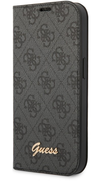 iPhone 14 Pro Max Case Hülle - Flip Guess Leinwand Kunstleder mit goldfarbenem Metall-Logo in Reliefoptik - Schwarz