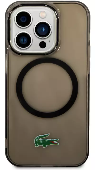 Coque iPhone 14 Pro - Lacoste gel laqué transparent avec MagSafe - Noir