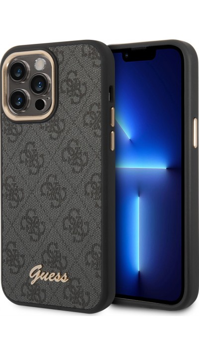 iPhone 14 Pro Max Case Hülle - Guess Leinwand Kunstleder mit goldfarbenem Metall-Logo in Reliefoptik - Schwarz