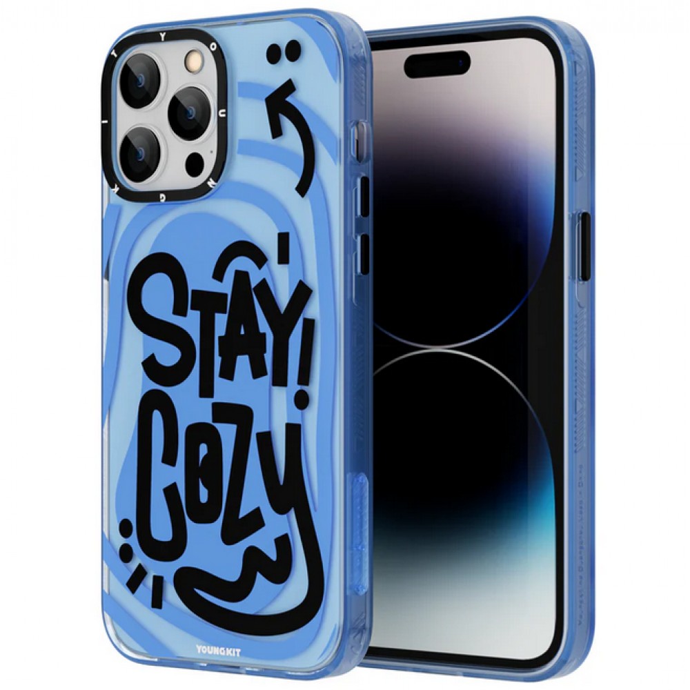 Coque iPhone 14 Pro Max - Youngkit Happy Mood Glossy Case Stay Cozy - Bleu