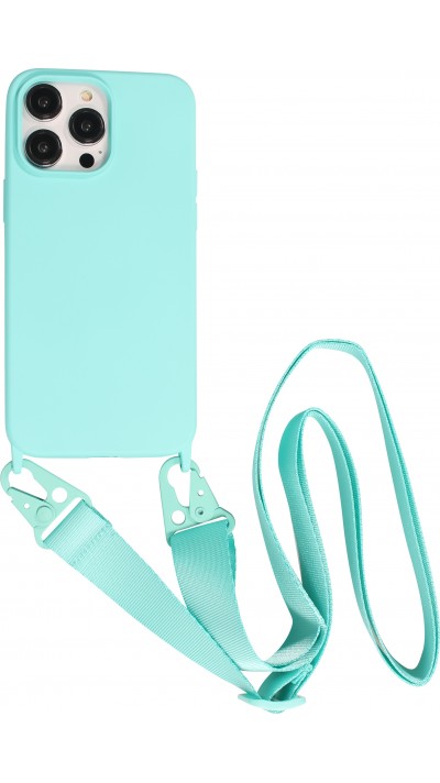 iPhone 14 Pro Max Case Hülle - Silikon matt mit Trageschlaufe und Metall Karabiner - Hellblau