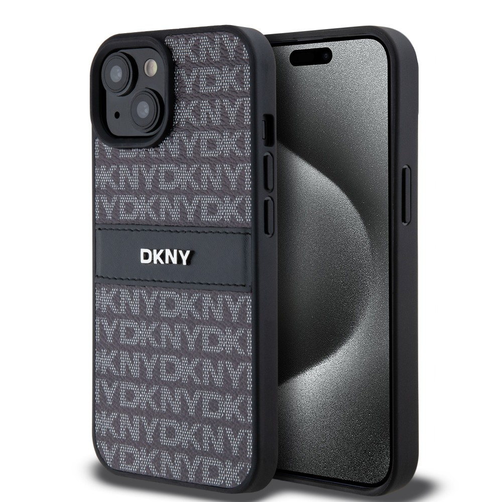 iPhone 15 Case Hülle - DKNY Silikon Kunstleder Monogramm Metall-Logo - Schwarz