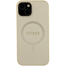 Coque iPhone 15 - Guess similicuir saffiano logo métallique doré et MagSafe - Or