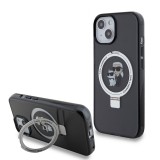 Coque iPhone 15 - Karl Lagerfeld et Choupette gel laqué avec anneau métallique de support amovible intégré et Magsafe - Gris