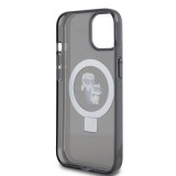 Coque iPhone 15 - Karl Lagerfeld et Choupette gel laqué avec anneau métallique de support amovible intégré et Magsafe - Gris