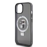Coque iPhone 15 - Karl Lagerfeld et Choupette gel laqué avec anneau métallique de support amovible intégré et Magsafe - Gris