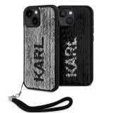 Coque iPhone 15 - Karl Lagerfeld paillettes glitters réversibles bicolore avec lanière poignet amovible - Noir / Argent