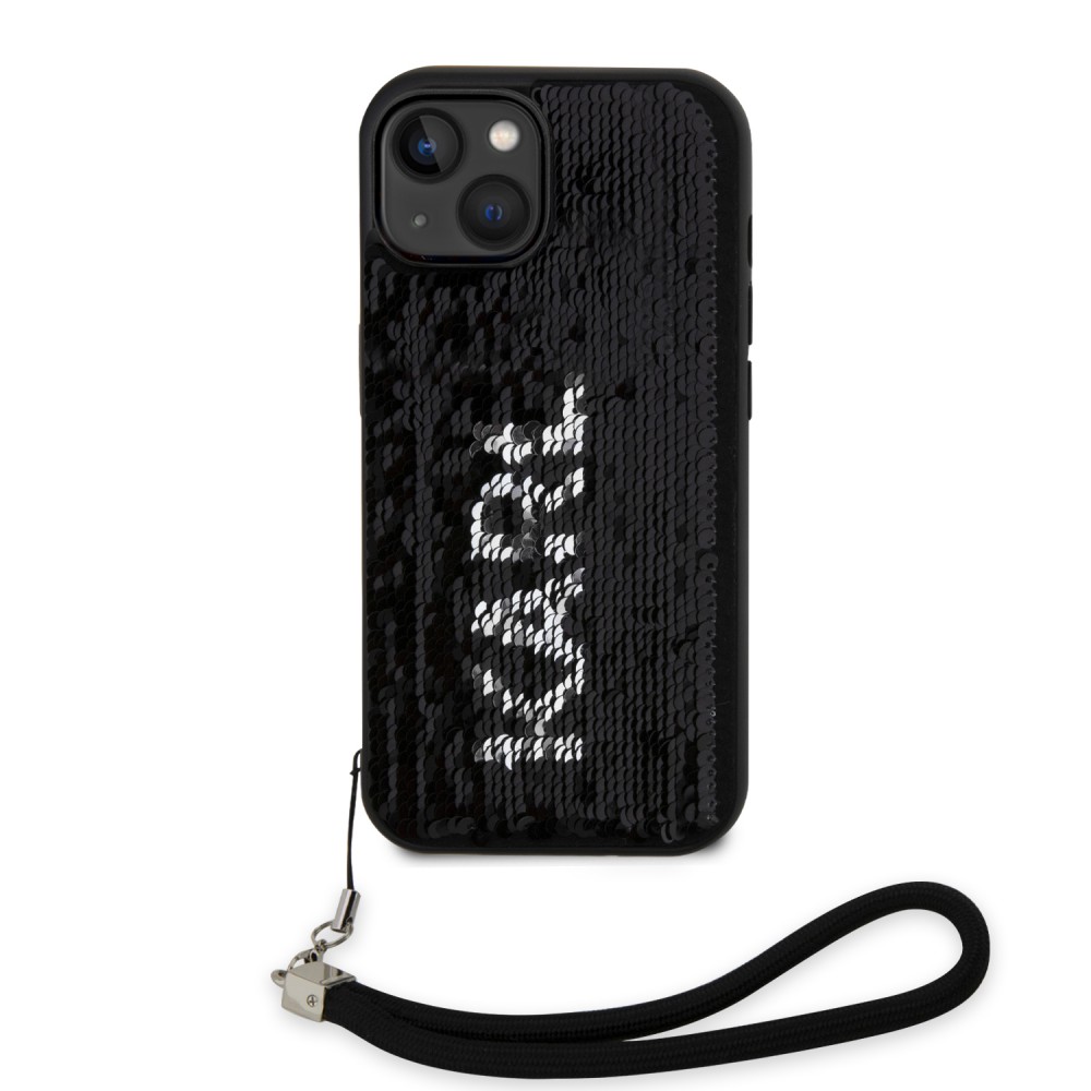 Coque iPhone 15 - Karl Lagerfeld paillettes glitters réversibles bicolore avec lanière poignet amovible - Noir / Argent