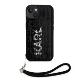Coque iPhone 15 - Karl Lagerfeld paillettes glitters réversibles bicolore avec lanière poignet amovible - Noir / Argent