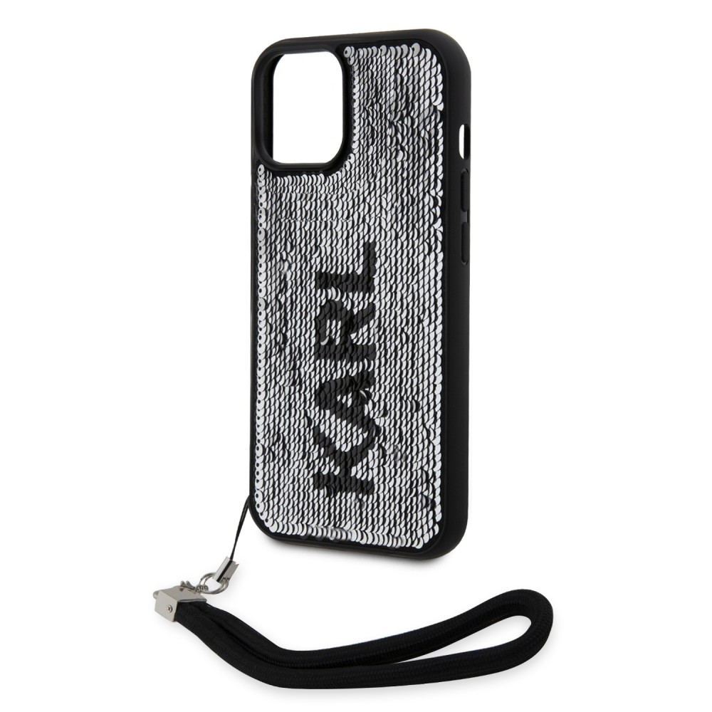 Coque iPhone 15 - Karl Lagerfeld paillettes glitters réversibles bicolore avec lanière poignet amovible - Noir / Argent