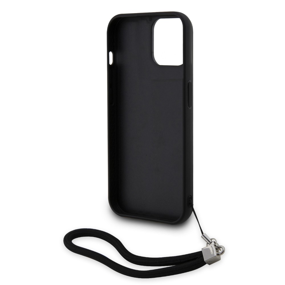 Coque iPhone 15 - Karl Lagerfeld paillettes glitters réversibles bicolore avec lanière poignet amovible - Noir / Argent