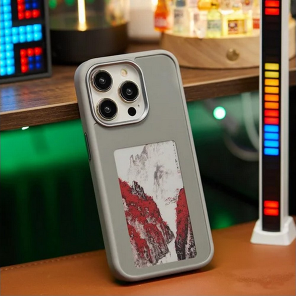 Coque iPhone 15 Pro - E-Ink Display DIY avec technologie NFC pour photo personnalis&eacute;e - Gris
