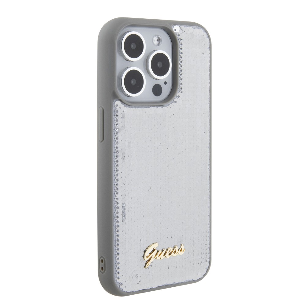 Coque iPhone 15 Pro - Guess paillettes réversibles anti-stress avec logo métallique doré - Argent