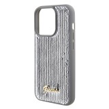 Coque iPhone 15 Pro - Guess paillettes réversibles anti-stress avec logo métallique doré - Argent