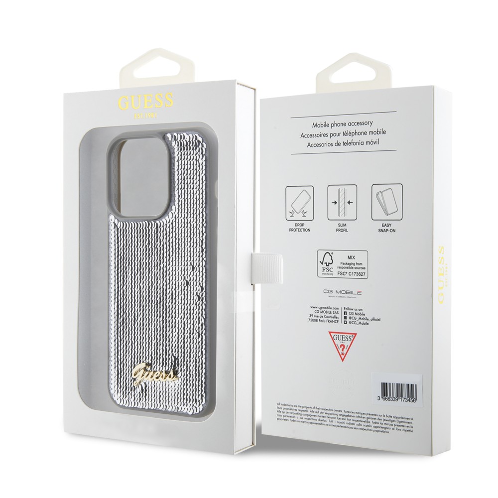 Coque iPhone 15 Pro - Guess paillettes réversibles anti-stress avec logo métallique doré - Argent