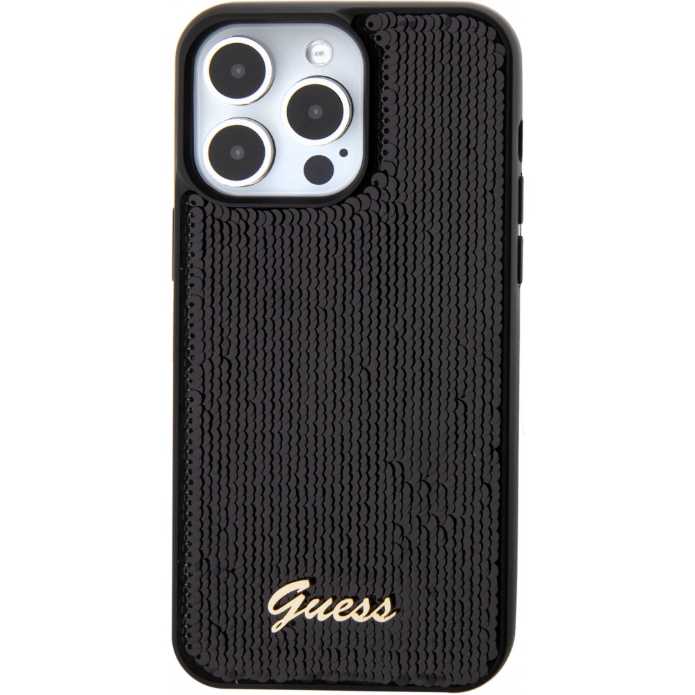 Coque iPhone 15 Pro Max - Guess paillettes réversibles anti-stress avec logo métallique doré - Noir