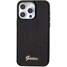 Coque iPhone 15 Pro Max - Guess paillettes réversibles anti-stress avec logo métallique doré - Noir