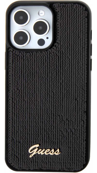 Coque iPhone 15 Pro - Guess paillettes réversibles anti-stress avec logo métallique doré - Noir