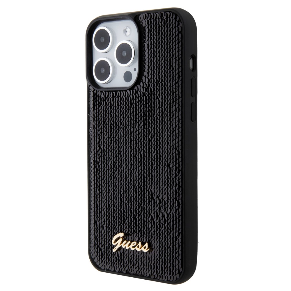 Coque iPhone 15 Pro Max - Guess paillettes réversibles anti-stress avec logo métallique doré - Noir