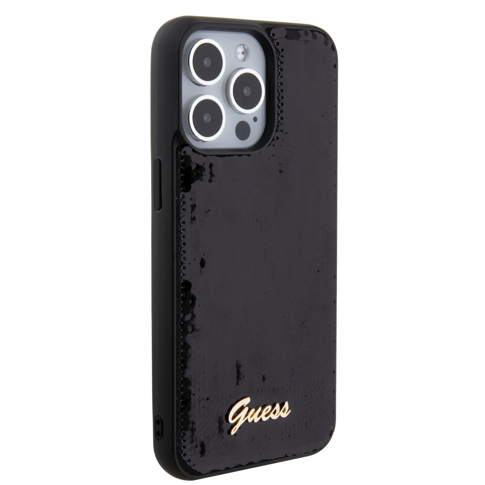 Coque iPhone 15 Pro Max - Guess paillettes réversibles anti-stress avec logo métallique doré - Noir