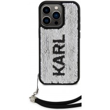 Coque iPhone 15 Pro - Karl Lagerfeld paillettes glitters réversibles bicolore avec lanière poignet amovible - Noir / Argent