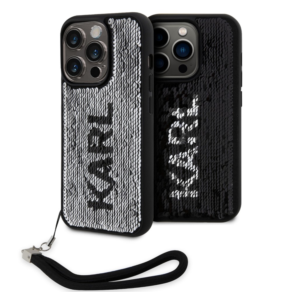 Coque iPhone 15 Pro - Karl Lagerfeld paillettes glitters réversibles bicolore avec lanière poignet amovible - Noir / Argent
