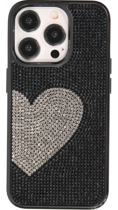 Coque iPhone 15 Pro - Silicone souple paillet&eacute; avec gemmes White Heart - Noir