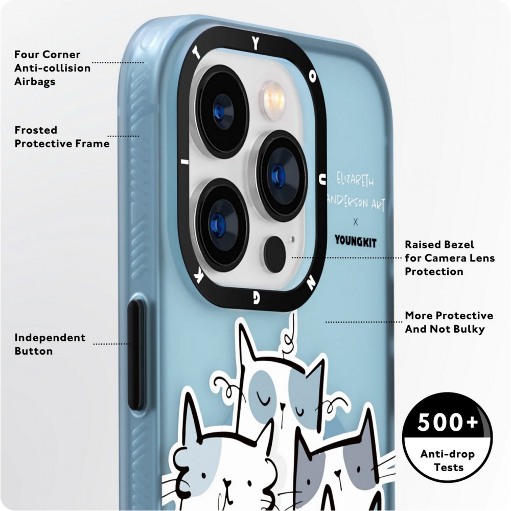 Coque iPhone 15 Pro - Youngkit @Elizabeth Anderson Art Love Cat Case avec Magsafe  - Bleu