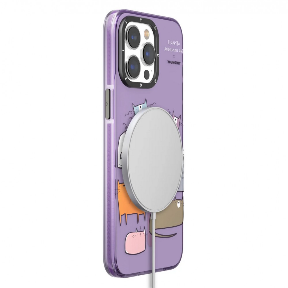 Coque iPhone 15 Pro - Youngkit @Elizabeth Anderson Art Love Cat Case avec Magsafe  - Violet