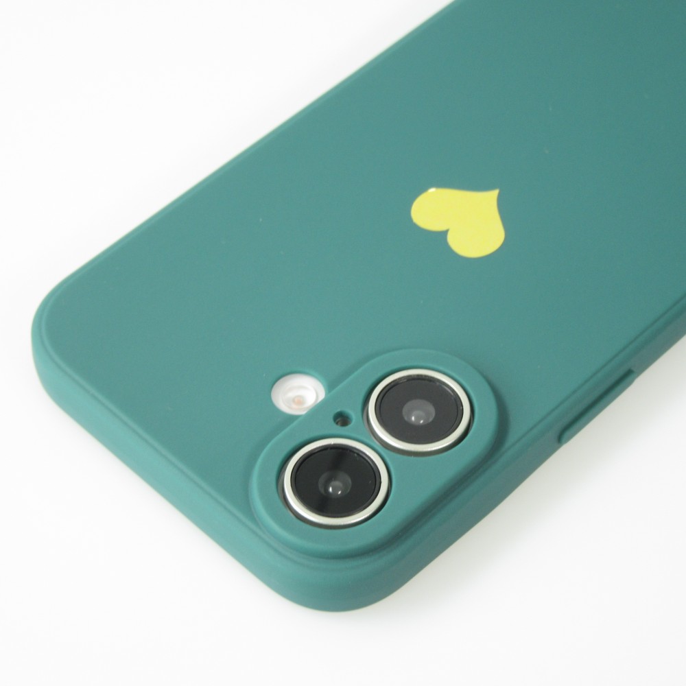 iPhone 16 Case Hülle - Silikon Mat Herz gold - Dunkelgrün