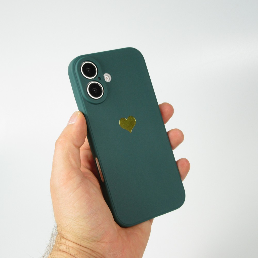 iPhone 16 Case Hülle - Silikon Mat Herz gold - Dunkelgrün