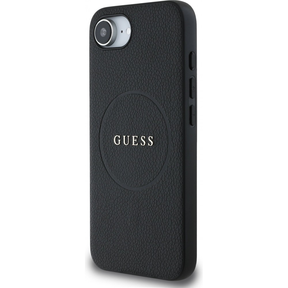Coque iPhone 16e - Guess Classic Logo MagSafe en cuir grain&eacute; - Noir