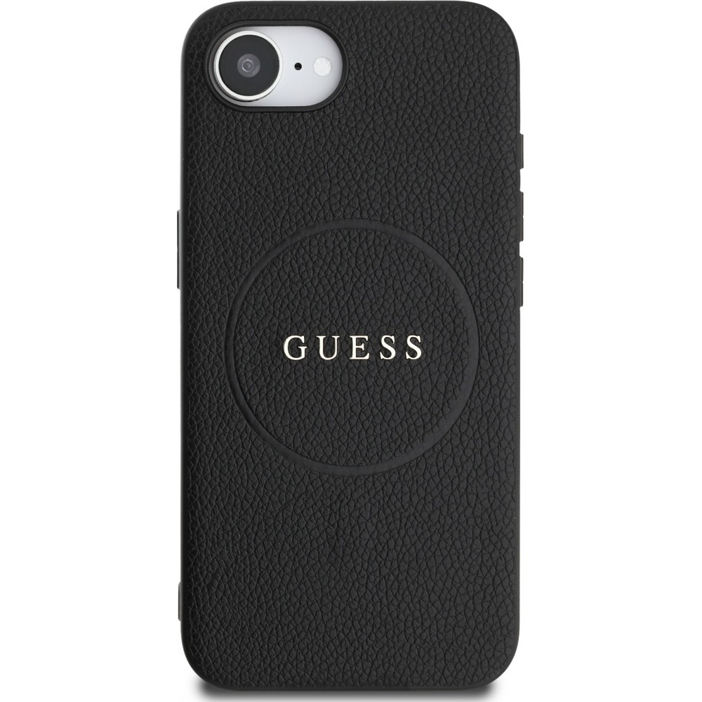 Coque iPhone 16e - Guess Classic Logo MagSafe en cuir grain&eacute; - Noir