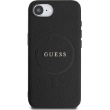 Coque iPhone 16e - Guess Classic Logo MagSafe en cuir grain&eacute; - Noir