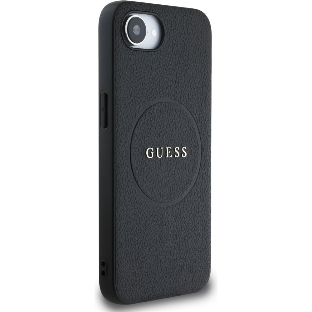 Coque iPhone 16e - Guess Classic Logo MagSafe en cuir grain&eacute; - Noir