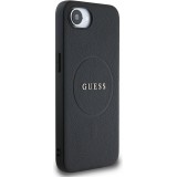 Coque iPhone 16e - Guess Classic Logo MagSafe en cuir grain&eacute; - Noir