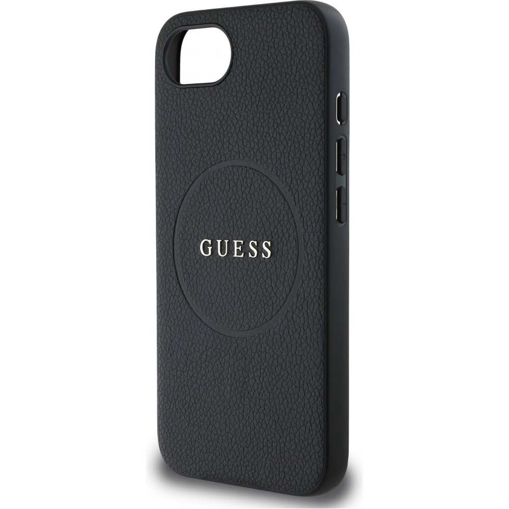 Coque iPhone 16e - Guess Classic Logo MagSafe en cuir grain&eacute; - Noir